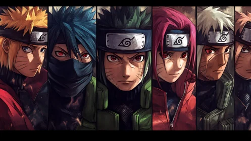 Intense red-eyed ninja portraits in segmented anime composition