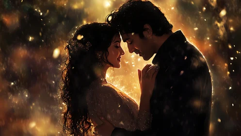 Golden Light Envelops Two Silhouettes in Intimate Embrace.