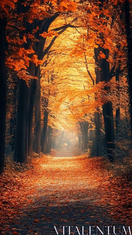 Autumn forest path lined with golden foliage.