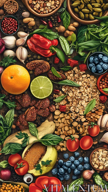 Overhead composition showcases colorful whole foods in rich detail