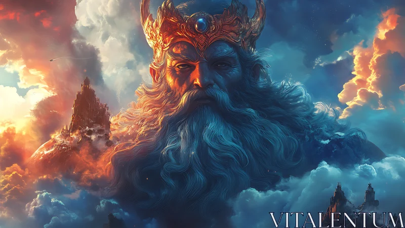 Mythic sky king with glowing crown over stormy clouds