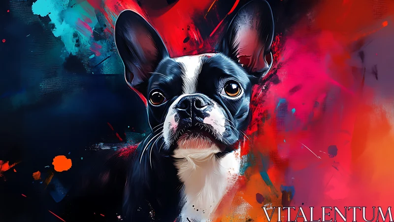High-contrast Boston terrier portrait with dynamic neon brushwork