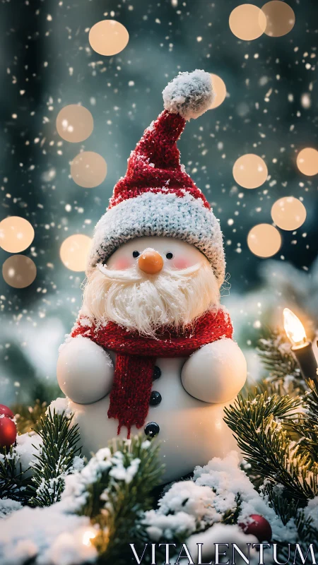 Snowman Santa figurine stands among lit winter greenery