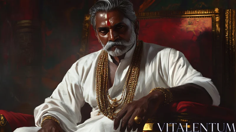 Regal elder in white robes on ornate crimson throne.
