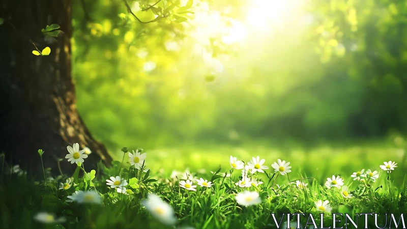 Sunlit meadow foreground with daisies beneath tree canopy.