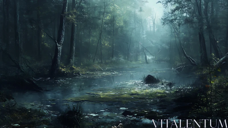 Misty Swamp Stream Through Ancient Forest