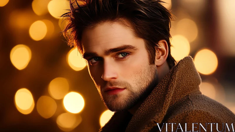 Photorealistic male portrait with cinematic bokeh lighting.