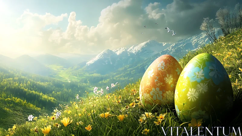 Floral Easter eggs rest on a luminous alpine meadow slope