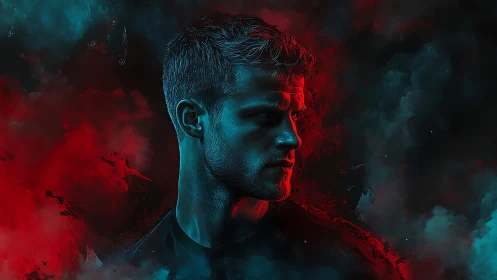 Male portrait in red and teal smoke with directional lighting.