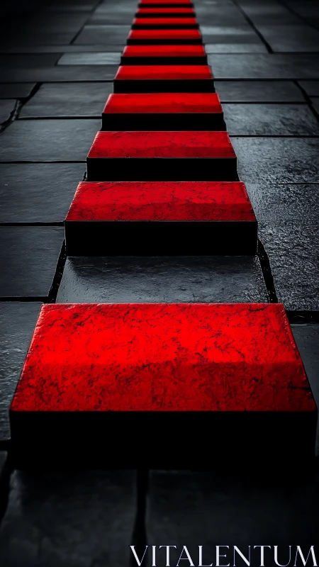 Red concrete blocks form stark geometric urban pathway.