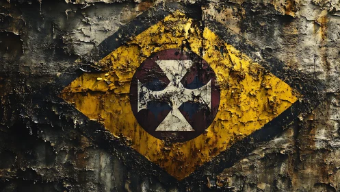Weathered industrial emblem on decayed rusted surface.