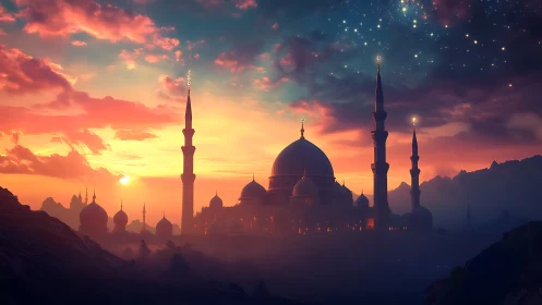 Star-kissed desert mosque beneath a singing twilight sky.