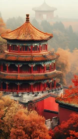 Tiered red pagoda in autumn haze with layered atmospheric depth