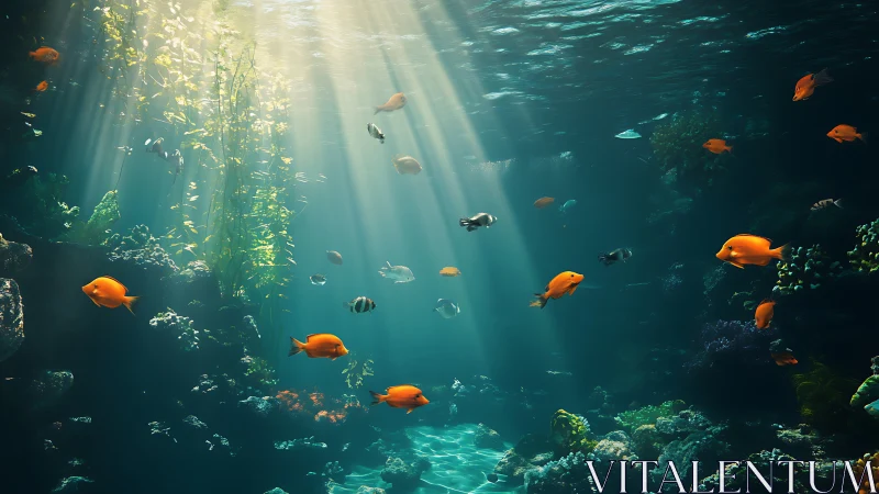Sunlit underwater scene shows fish dispersed in clear water