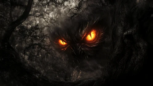 Fiery monstrous eyes glare from dense twisted forest shadows