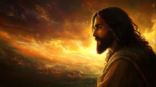 Golden light surrounds a serene robed figure at sunset