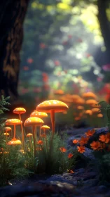 Glowing orange mushrooms illuminate dense forest clearing