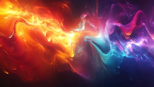 Multicolor fluid energy bands across dark abstract space.