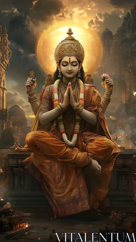 Sunlit deity in serene levitation above mythic river-city.