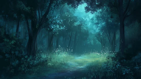 Ethereal Forest Path: Luminescent Deciduous Grove with Mirrored Stream.