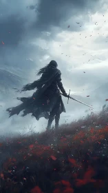 Solitary cloaked warrior pauses on a windswept crimson hill