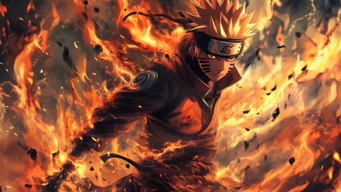 Fiery anime hero strides through swirling embers of power.