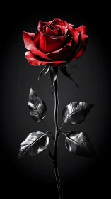Red rose with monochromatic foliage rendered in high-contrast digital composition