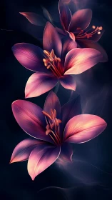 Digital painting of luminous lilies in vertical dark bloom.