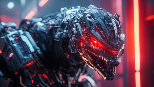 Chromed mech-dragon head rendered with emissive red optics and hard surface armor
