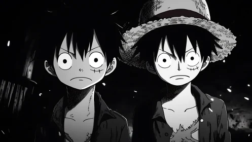 Anime twins share intense gaze in stark monochrome scene.