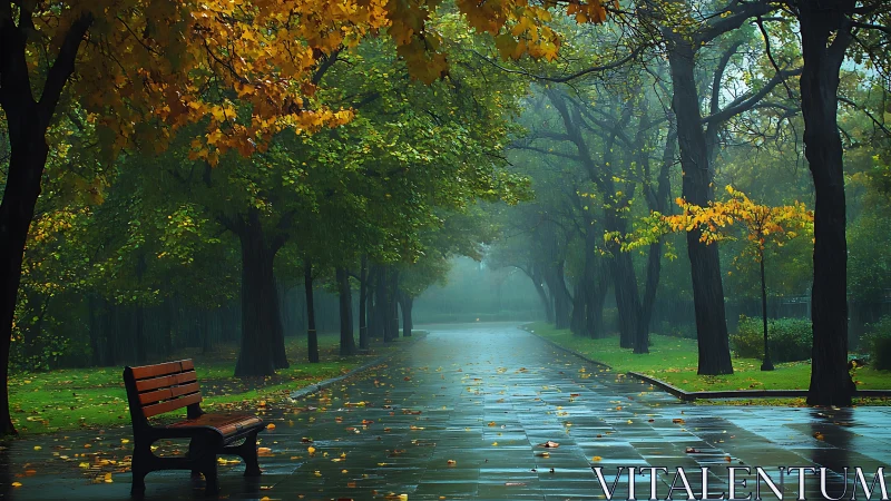 Autumn park path glistens after rain in soft morning mist.