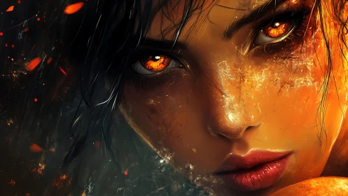 Close-up digital portrait of woman with fiery glowing eyes.