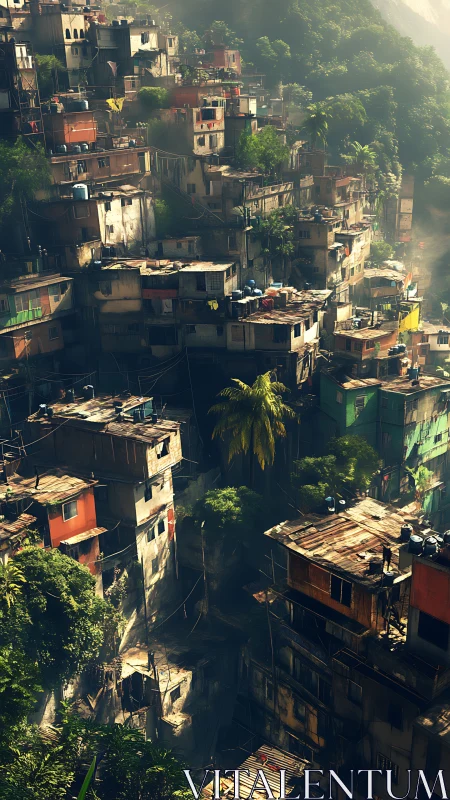 Hillside favela architecture bathed in warm atmospheric haze.