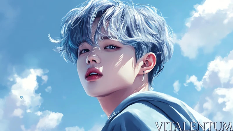 Celestial portrait with cyan hair under volumetric daylight sky.