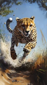 Cheetah sprint study with dynamic dust trails and warm light.