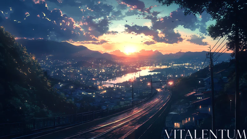 Twilight rails descend toward a river of molten city lights.