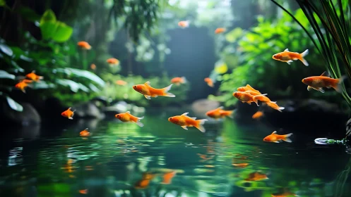 Bright orange fish swim in lush green forest pond scene.