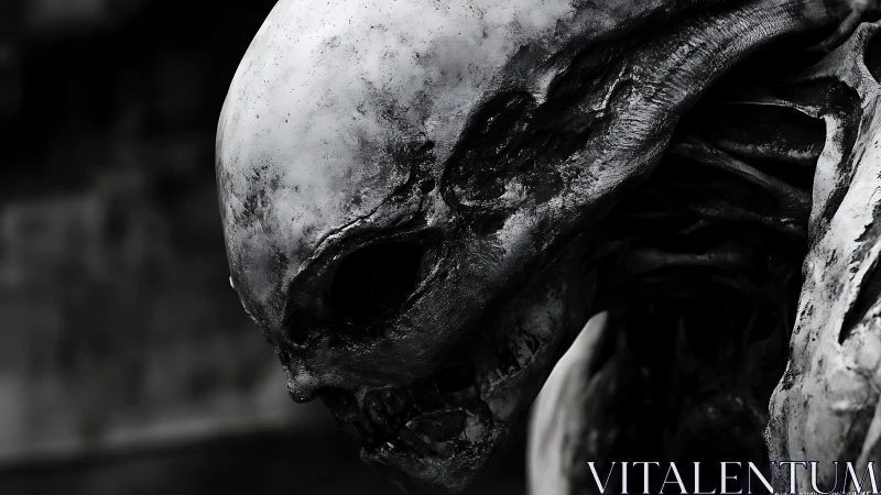 Brooding skeletal alien head in stark monochrome detail.