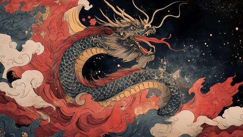 Celestial dragon coils through red storm clouds at night