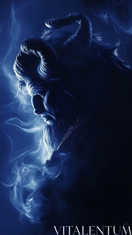 Horned elder silhouette in volumetric blue smoke profile.