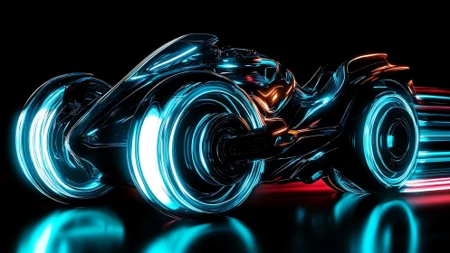 Futuristic light-trail motorcycle rendered in neon colors.