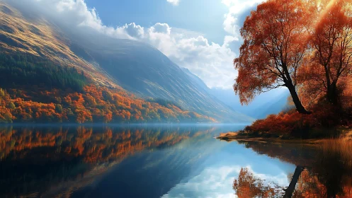 Autumn mountains mirrored in tranquil alpine lake at dawn.