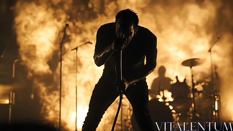 Silhouetted rock vocalist against blazing stage pyrotechnics.