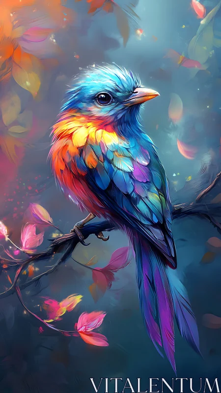 Chromatic avian study on branch in luminous spectral fog.