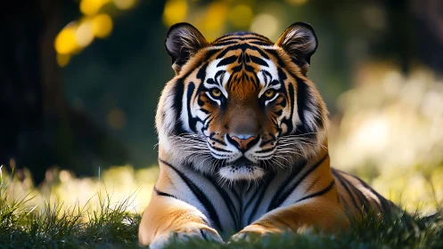 Tiger lies on grass with frontal gaze and shallow depth