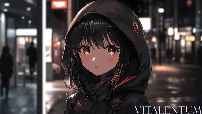 Hooded anime girl stands under city lights at night