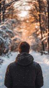 Backlit winter figure in shallow depth forest corridor scene.