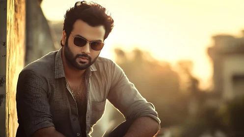 Bearded man leans in golden urban sunset glow portrait.