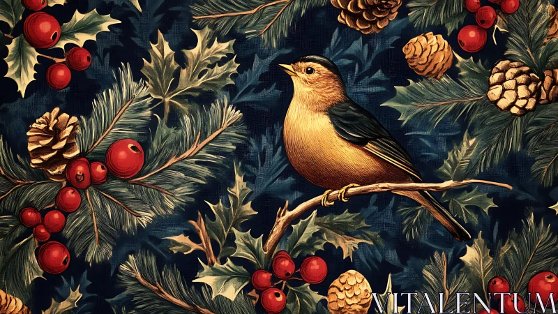 Songbird on pine and holly branch rendered as ornate digital textile