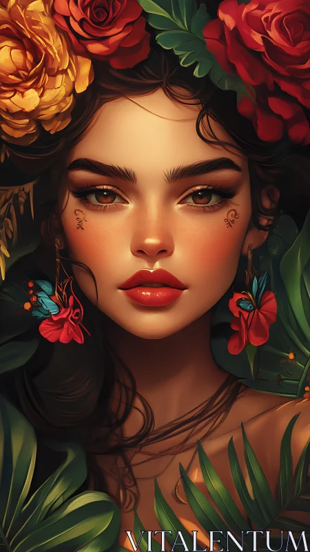 Portrait depicts stylized woman framed by flowers and foliage